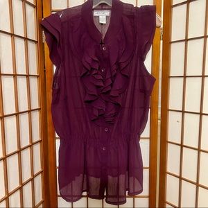 Purple Crepe Ruffle Front Sheer Sleeveless Peplum Button Down Top 2X